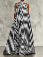 A-Line Loose Backless Contrast Color Elasticity Pockets Halter-Neck Maxi Dresses