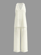 Loose Solid Color V-Neck Sleeveless Vest Top + Pockets Pants Trousers Two Pieces Set