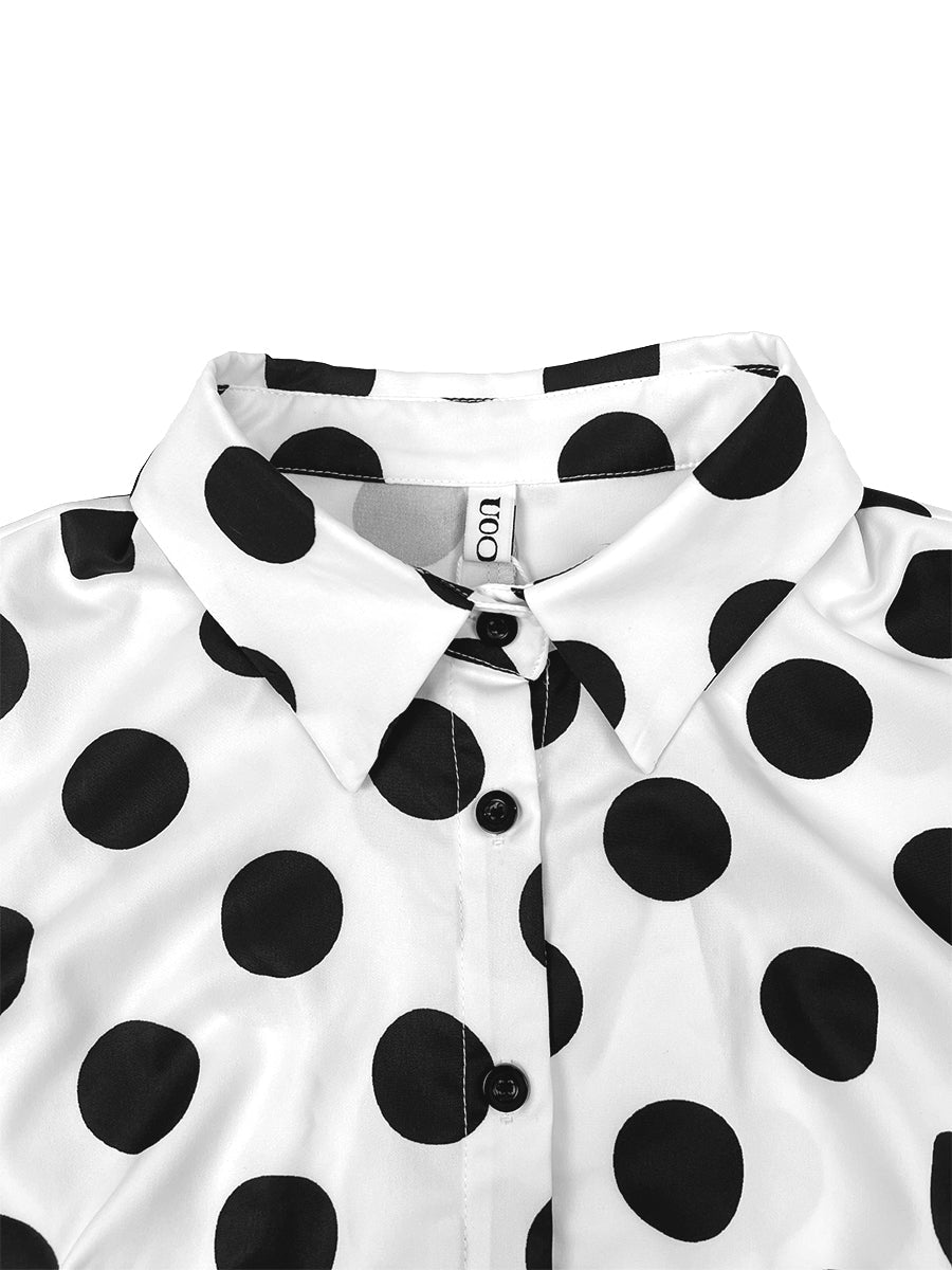 A-Line Half Sleeves Buttoned Contrast Color Elasticity Polka Dot Lapel Maxi Dresses Shirt Dress