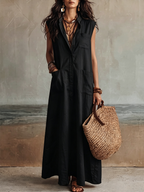Loose Sleeveless Buttoned Pockets Solid Color Lapel Maxi Dresses