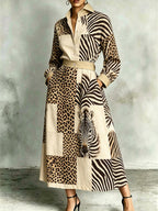 Zebra Printed Split-Joint Pockets Leopard Elasticity Contrast Color Buttoned Long Sleeves High Waisted Lapel Maxi Dresses
