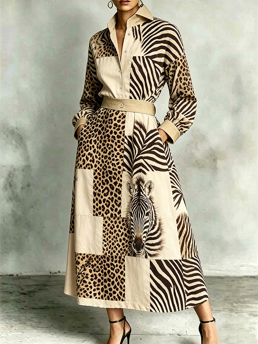 Zebra Printed Split-Joint Pockets Leopard Elasticity Contrast Color Buttoned Long Sleeves High Waisted Lapel Maxi Dresses