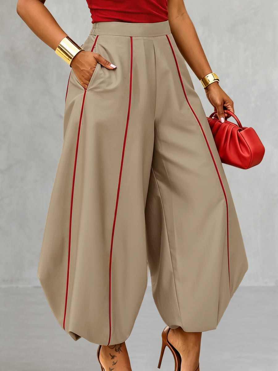Pockets Elasticity Contrast Color Wide Leg Loose Trousers Pants