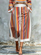 Striped Pockets Colorful Wide Leg Loose Cropped Trousers