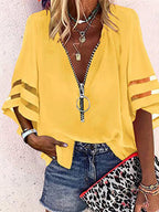 Loose Seven-Quarter Sleeves Hollow Solid Color Split-Joint Zipper Stand Collar Blouses&Shirts Tops