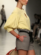 Split-Joint Solid Color Hollow Buttoned Puff Sleeves Half Sleeves Round-neck Blouses&shirts Tops
