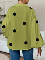 Long Sleeves Loose Contrast Color Pleated Polka Dot Split-Joint Lapel Blouses&Shirts Tops