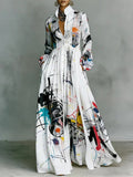 Split-Joint Printed Pockets Pleated Buttoned Loose Long Sleeves Stand Collar Shirt Dress Maxi Dresses