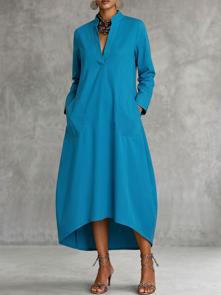 Solid Color Pockets Loose Long Sleeves V-neck Midi Dresses