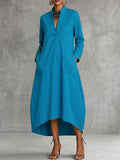 Solid Color Pockets Loose Long Sleeves V-neck Midi Dresses