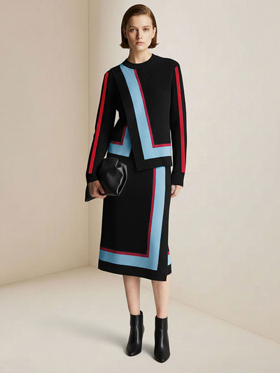 Irregularity Long Sleeves Abstract Printed Asymmetric Contrast Color Ribs Split-Joint Round-Neck Sweater Tops