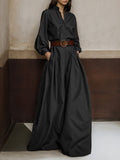 Solid Color No Belt Buttoned Wide Leg Loose V-neck Jumpsuits