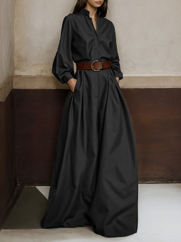 Solid Color No Belt Buttoned Wide Leg Loose V-neck Jumpsuits