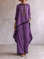 Loose Contrast Color Split-Joint Round-neck High-low Asymmetric Blouses&shirts Tops + Pockets Pants Trousers Two Pieces Set