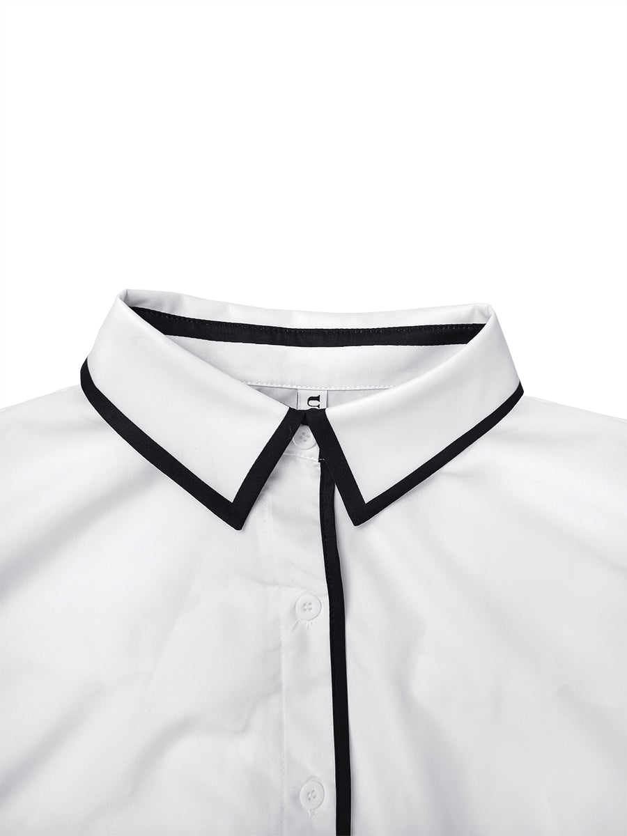 Contrast Color Buttoned Loose Long Sleeves Lapel Blouses&shirts Tops