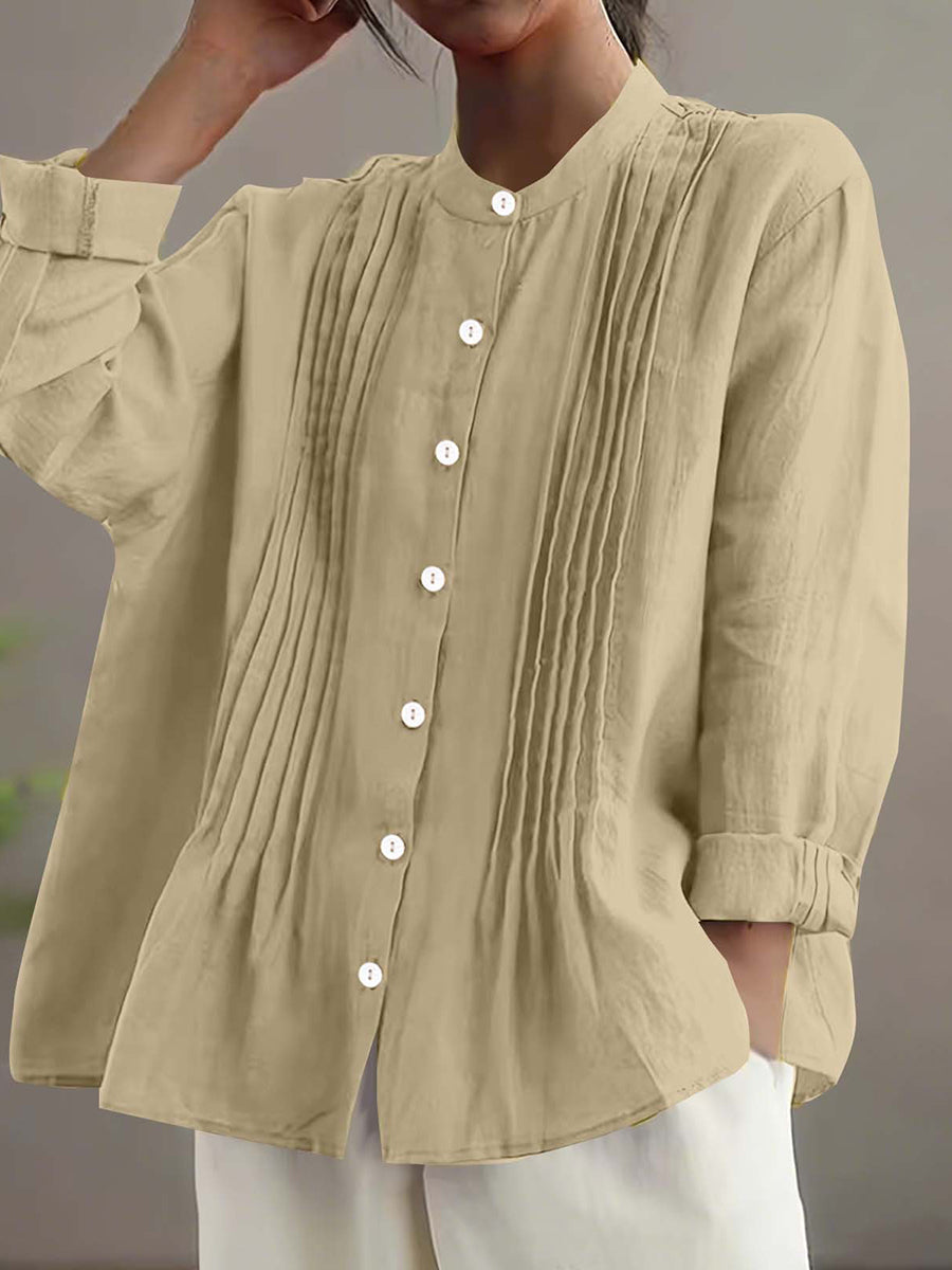 Long Sleeves Loose Buttoned Pleated Solid Color Round-Neck Blouses&Shirts Tops