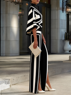 Striped Split-front Contrast Color Wide Leg High Waisted Trousers Pants