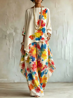 High-Low Loose Asymmetric Contrast Color Printed Boat Neck Blouses&Shirts Tops