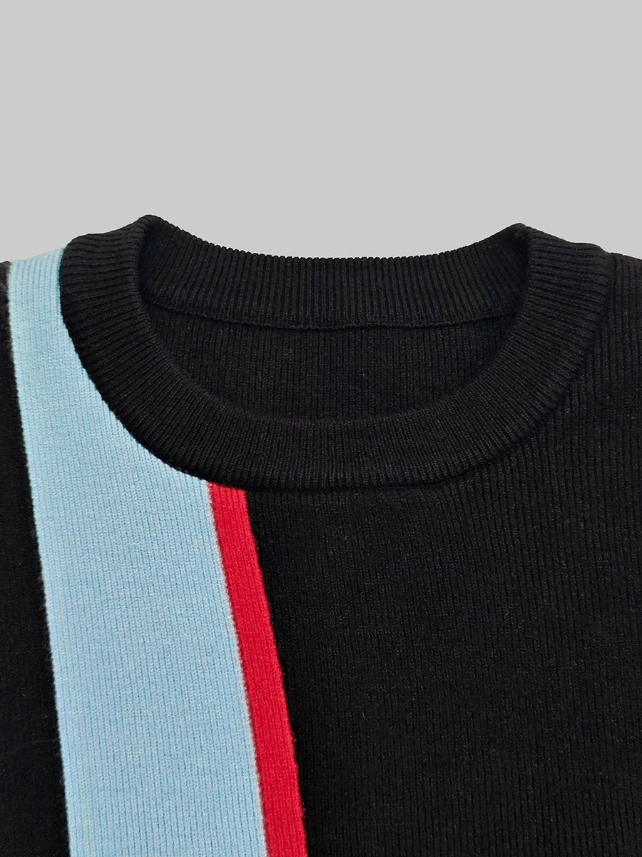 Irregularity Long Sleeves Abstract Printed Asymmetric Contrast Color Ribs Split-Joint Round-Neck Sweater Tops