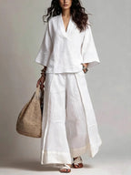 Loose Plus Size Contrast Color Pleated Pockets V-Neck Two Pieces Set