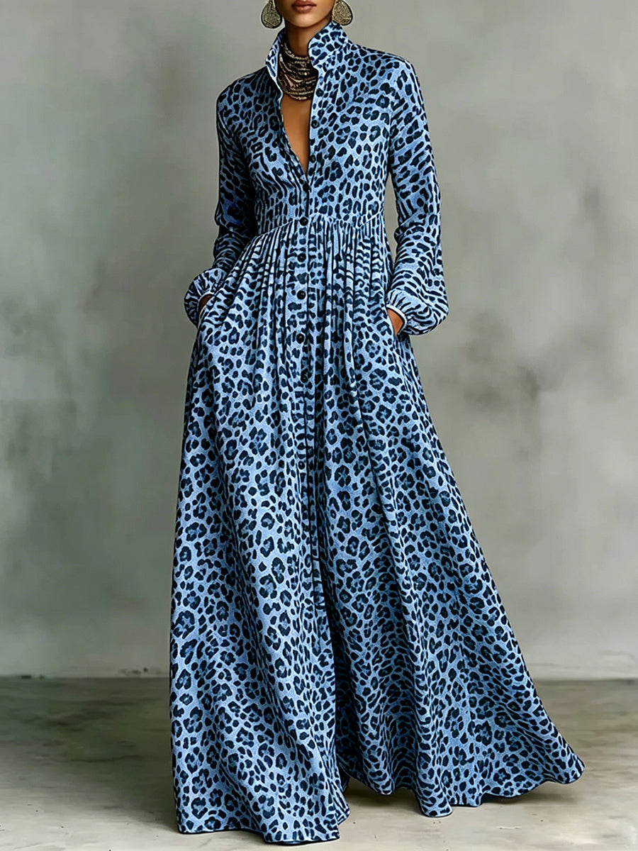 Pockets Pleated Leopard Contrast Color Buttoned Long Sleeves A-Line Lapel Maxi Dresses