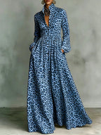 Pockets Pleated Leopard Contrast Color Buttoned Long Sleeves A-Line Lapel Maxi Dresses
