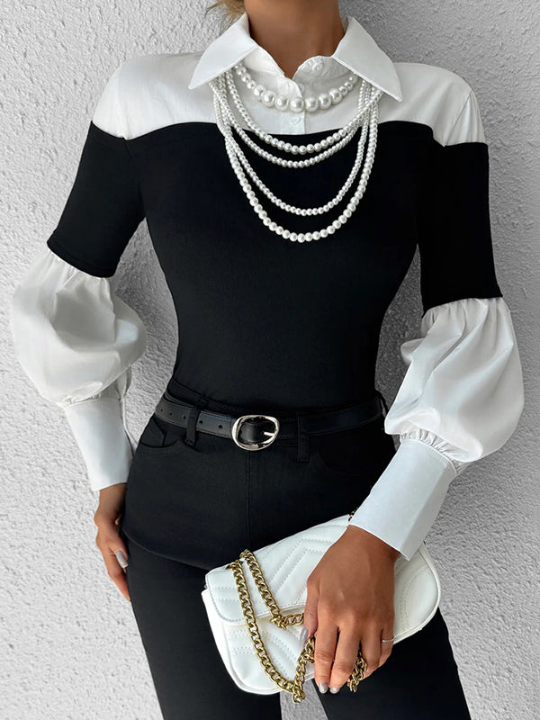 Long Sleeves Loose Buttoned Contrast Color Pleated Split-Joint Lapel Blouses&Shirts Tops