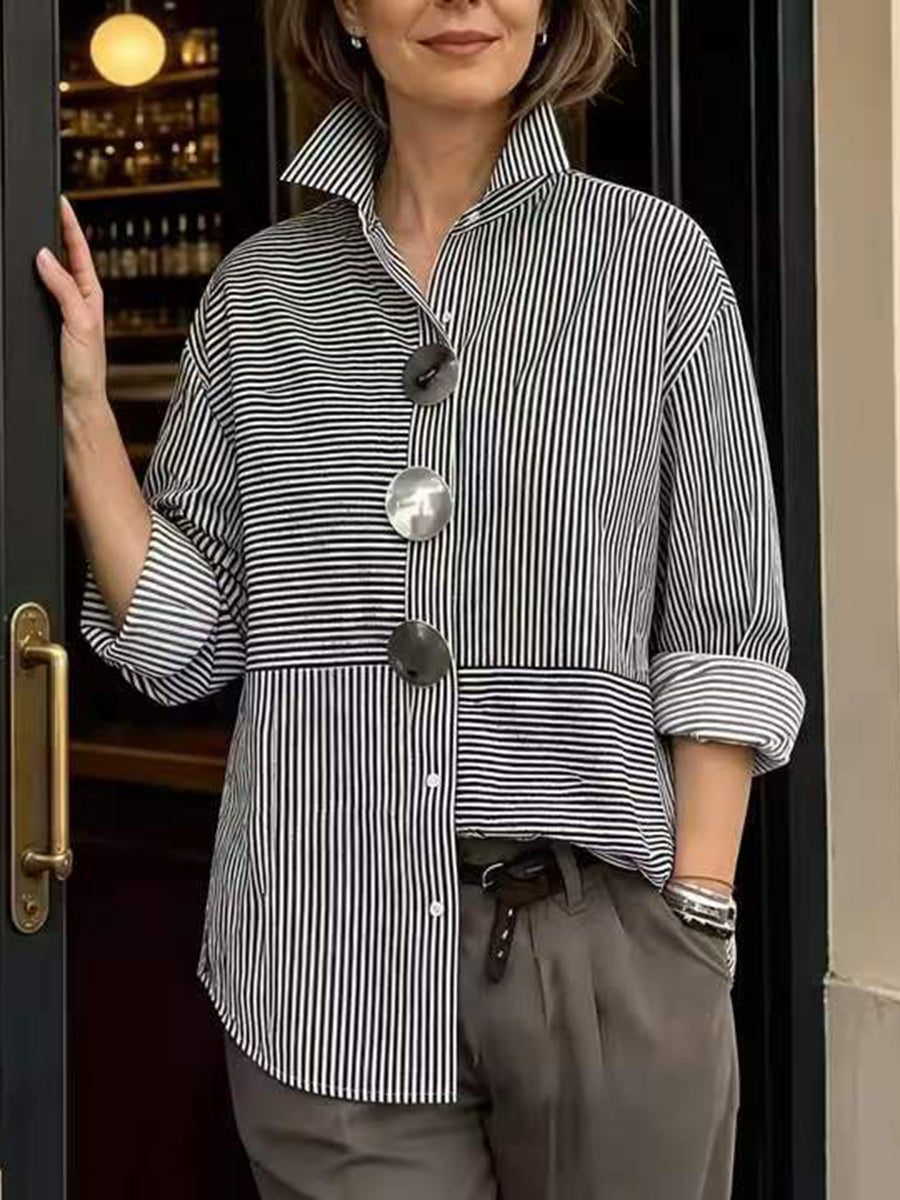 Striped Split-Joint Contrast Color Buttoned Loose Long Sleeves Lapel Blouses&shirts Tops