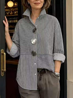 Striped Split-Joint Contrast Color Buttoned Loose Long Sleeves Lapel Blouses&shirts Tops
