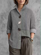 Striped Split-Joint Contrast Color Buttoned Loose Long Sleeves Lapel Blouses&shirts Tops