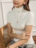 Solid Color Skinny Short Sleeves High-neck T-Shirts Tops