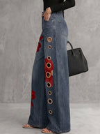 Pockets Hollow Flower Print Buttoned Wide Leg High Waisted Trousers Jean Pants Bottoms