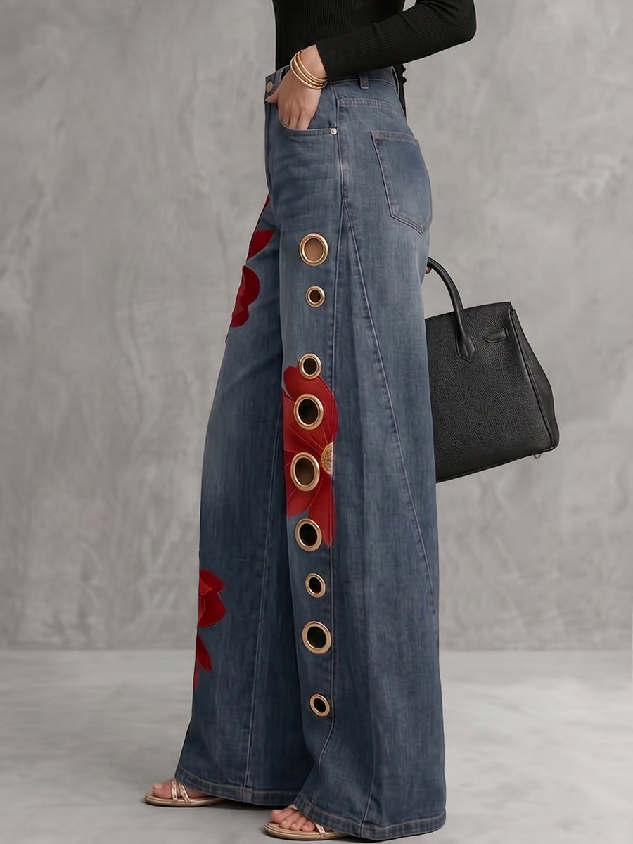Pockets Hollow Flower Print Buttoned Wide Leg High Waisted Trousers Jean Pants Bottoms