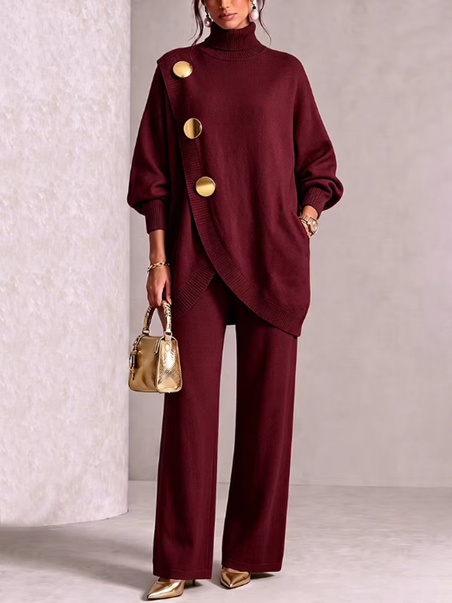 Solid Color Ribbed Pockets Buttoned Asymmetric Loose Long Sleeves High-neck Sweater Tops Pullovers