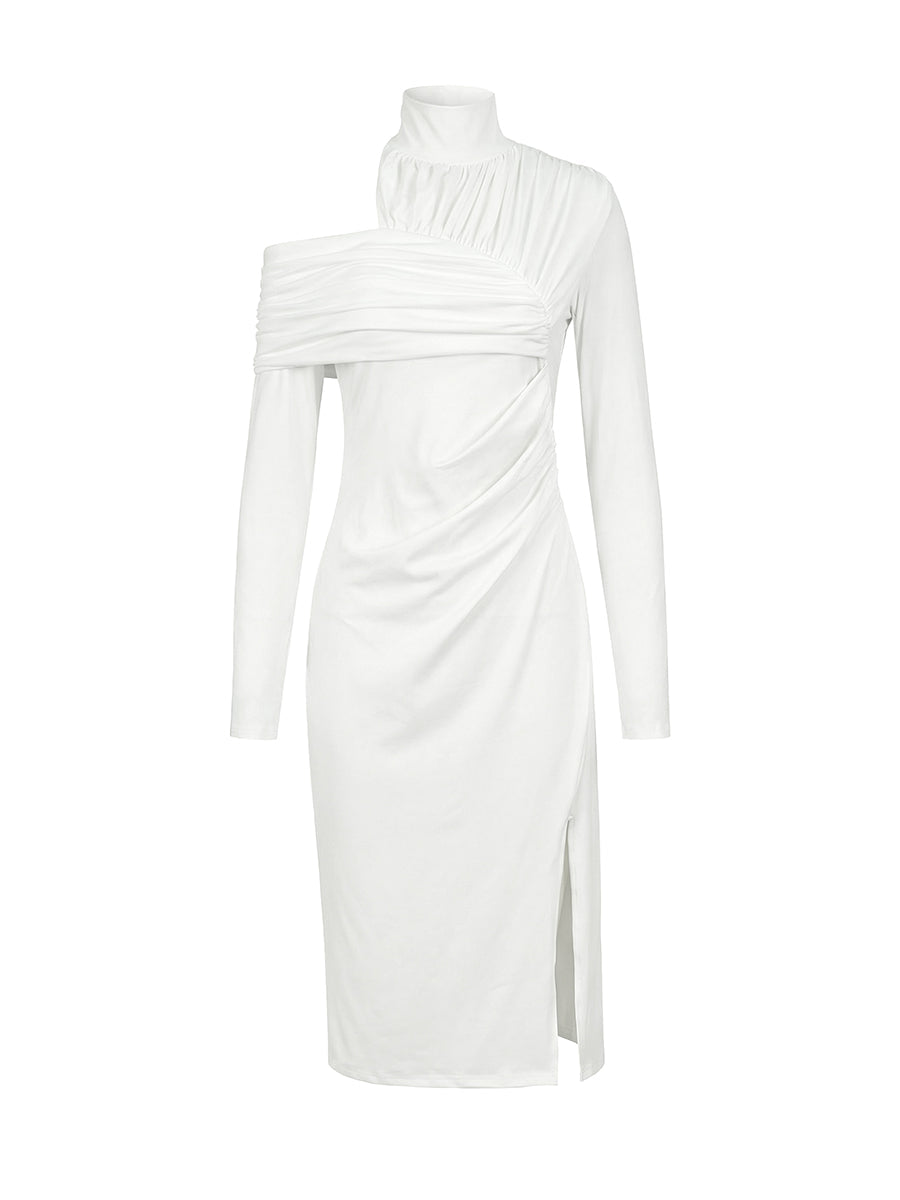 Asymmetric Pleated Solid Color Split-Front Split-Joint Split-Side High Neck Midi Dresses