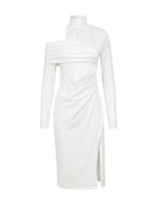 Asymmetric Pleated Solid Color Split-Front Split-Joint Split-Side High Neck Midi Dresses