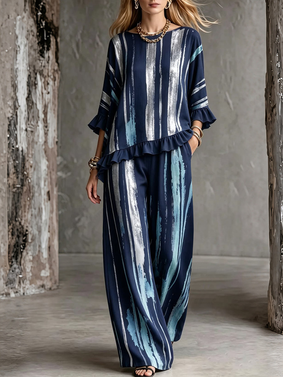 Printed Pockets Wide Leg High Waisted Trousers Pants