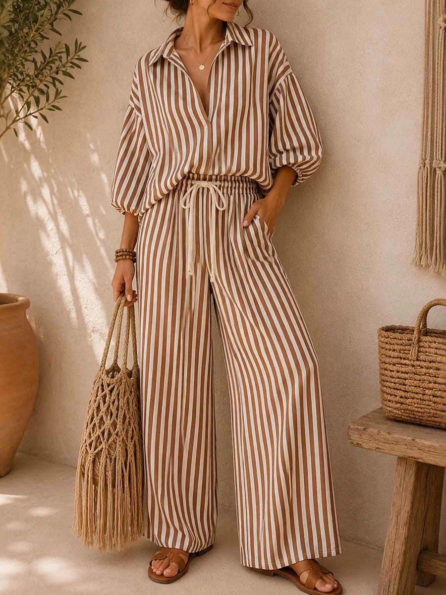 Loose Contrast Color Striped Long Sleeves Buttoned Lapel Blouses&shirts Tops + Drawstring Elasticity PocketsPants Trousers Two Pieces Set