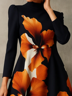 A-Line Long Sleeves Contrast Color Flower Print Mock Neck Midi Dresses