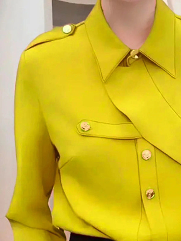 Long Sleeves Loose Asymmetric Buttoned Lapel Blouses&Shirts Tops