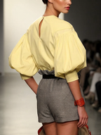 Split-Joint Solid Color Hollow Buttoned Puff Sleeves Half Sleeves Round-neck Blouses&shirts Tops