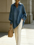 Solid Color Buttoned Loose Long Sleeves V-Neck Blouses&Shirts Tops