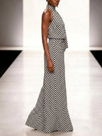 Sleeveless Contrast Color Draped Striped Halter-Neck Blouses&Shirts Tops