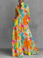 Printed Pockets Pleated Contrast Color Buttoned Long Sleeves A-Line Lapel Shirt Dress Maxi Dresses