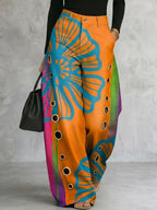 Loose Wide Leg Buttoned Contrast Color Hollow Printed Pants Trousers