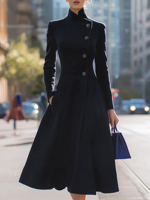 A-Line Long Sleeves Buttoned Pockets Solid Color Stand Collar Woolen Coat