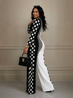 Zipper Split-Joint Polka-Dot Contrast Color Long Sleeves High Waisted Round-neck Jumpsuits