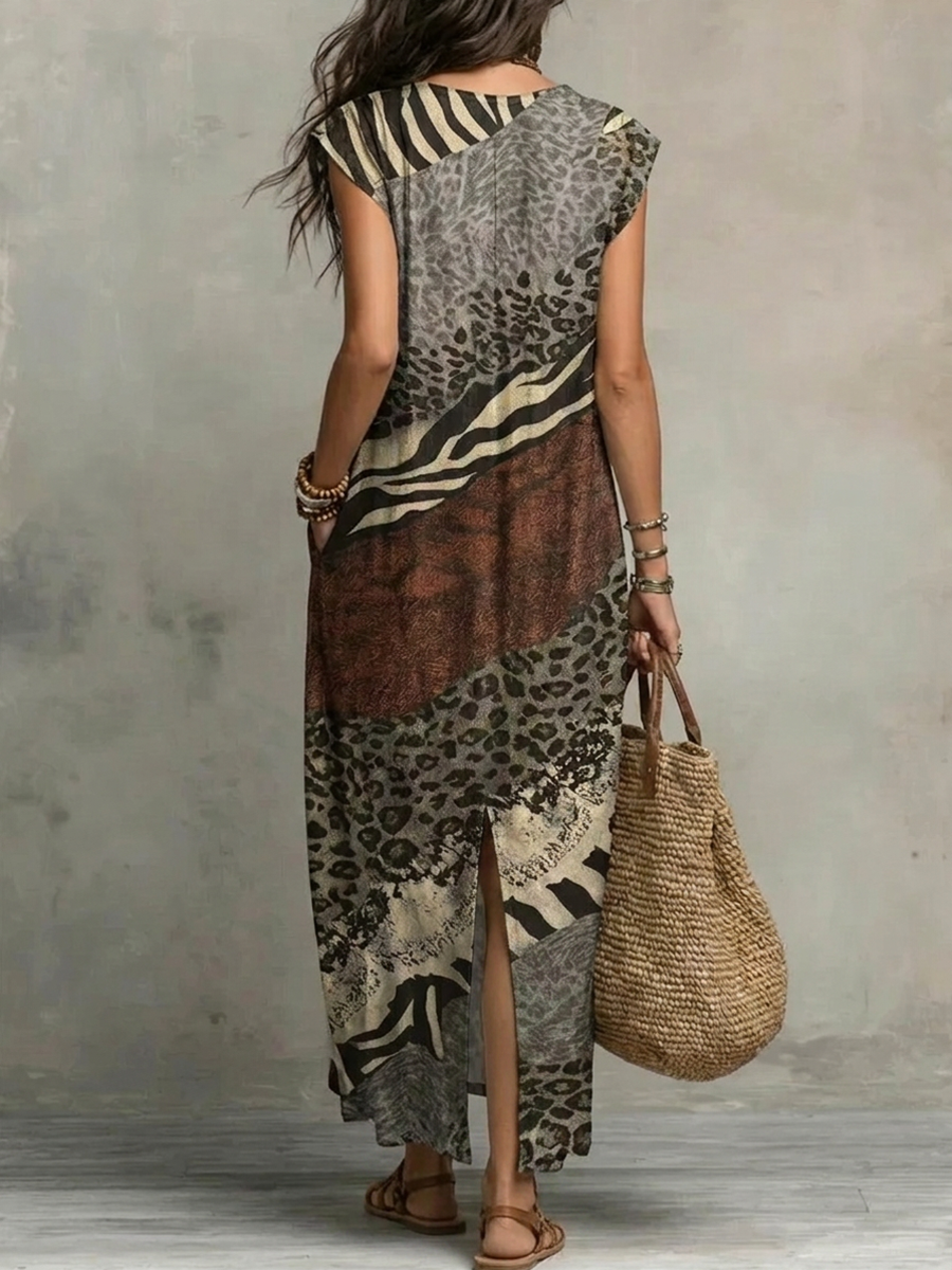 Ruffled Printed Pockets Sleeveless Loose V-Neck Maxi Dresses