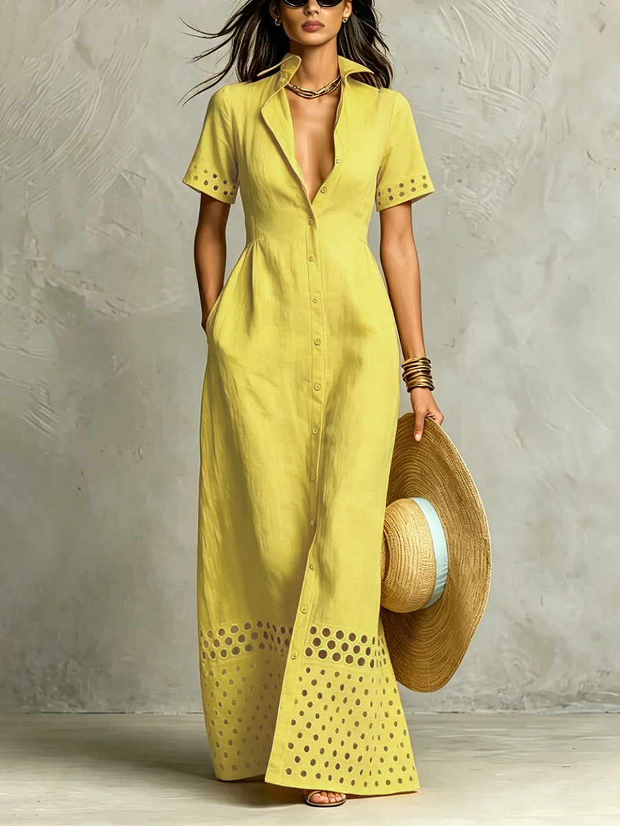 Split-Front Solid Color Pockets Hollow Elasticity Buttoned Short Sleeves Loose Lapel Maxi Dresses