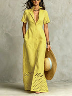 Split-Front Solid Color Pockets Hollow Elasticity Buttoned Short Sleeves Loose Lapel Maxi Dresses